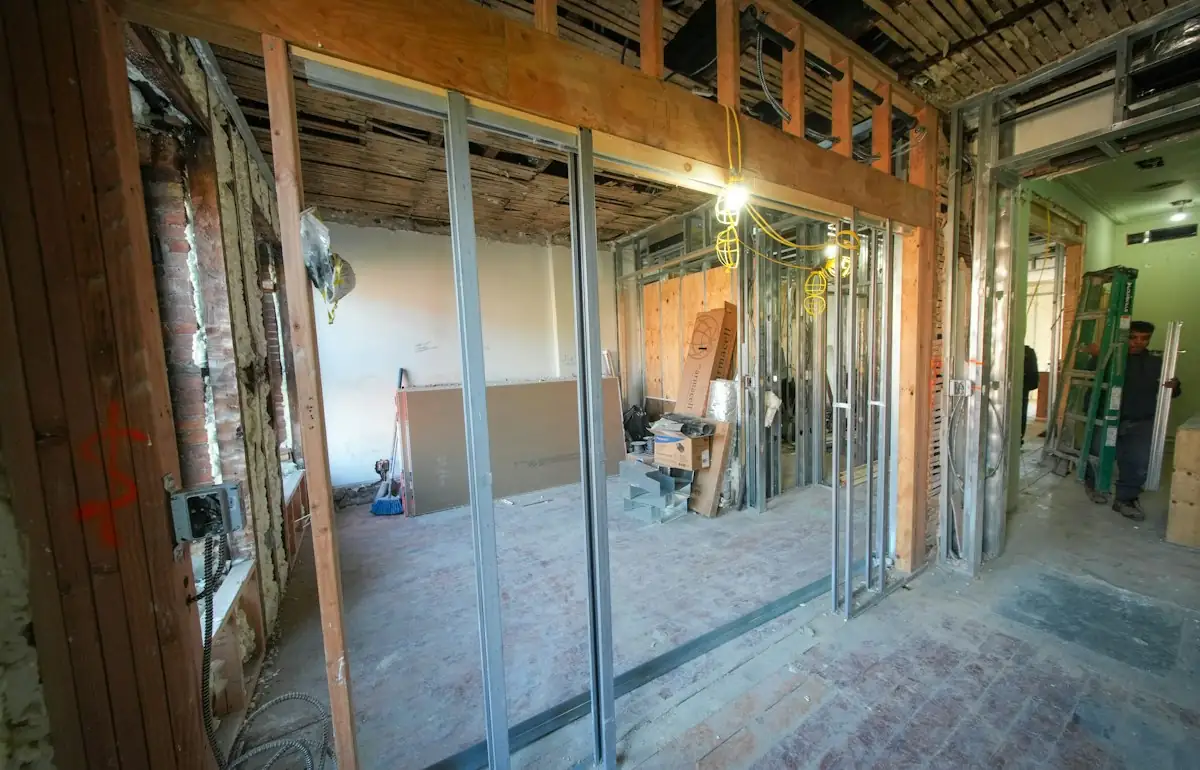Interior construction with exposed beams and framing (stock photo)