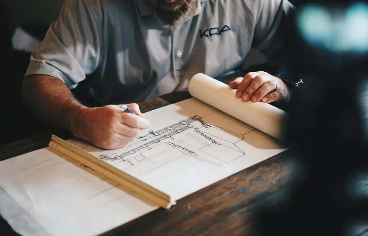 An architect working on a draft with a pencil and ruler (stock photo)