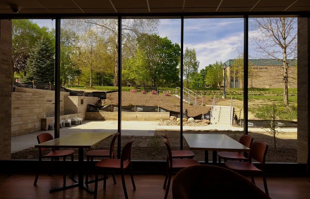 A view of a courtyard through a window (stock photo)